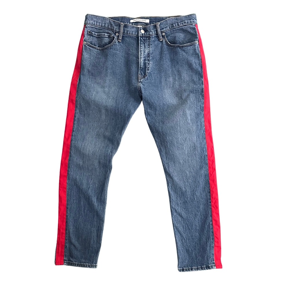 Calvin Klein Jeans CKJ 026 Slim Mens 36x30 Blue Red Side Stripe Denim 41L5521